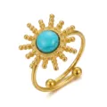 Anello regolabile vintage sole in oro con pietra preziosa turchese tonda nel centro - Stile Sole Radiale Turchese (08)
