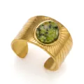 Anello a fascia vintage dorato con pietra naturale ovale verde - Stile Pietra Verde Ovale Radiale (09)