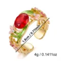 Handcrafted vintage enamel floral open ring featuring red gemstone and vine motif - Vintage Hollow Vine Ring (RI26Y0161-1)