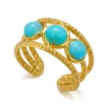 Anello vintage in oro intrecciato con tre inserti rotondi in pietra turchese naturale. - Stile Intrecciato a Tre Strati con Tre Pietre Turchesi (011)