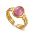 Anello aperto regolabile placcato oro stile vintage con una gemma rosa di forma ovale - Stile Onda a Tripla Fila con Gemma Rosa (014)