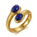 Anello regolabile vintage placcato oro con due pietre ovali di lapislazzuli blu - Stile Filettato in Lapislazzuli a Doppia Testa (025)