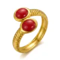 Elegante anello regolabile in oro stile vintage con due gemme rosse ovali vivaci - Stile Filettato con Pietra Rossa a Doppia Testa (028)