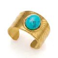 Anello regolabile stile vintage dorato con grande pietra di turchese ovale incastonata - Stile Turchese a Sole Radiale (031)
