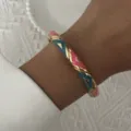 Close-up of vintage enamel bangle with colorful geometric patterns and gold trim - 6CM Diameter / Pink Blue Geometric Color Block (BR26Y0272-4)