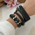 Elegant vintage black marble acrylic bracelet set with gold metallic spacers for women - Set / Ink Black