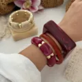 Vintage marbled acrylic bracelet set with dark red and orange stacking bangles for women. - Set / Red