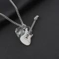 Detailed view of rock style stainless steel electric guitar pendant with guitar pick - Guitar With Gray Pick / 60cm Stainless Steel Curb Chains / Steel