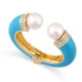 Eleganter vergoldeter blau emaillierter Armreif mit großen Perlen und Strass - Blau Emaille Gold Mit Perle
