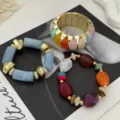 Bohemian macaron kleurrijke stenen kralen armband set met gouden brede manchetten - Hemelsblauw Set
