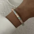 Detailed close-up of a retro enamel floral bangle featuring pink and blue flower patterns. - 6CM Diameter / Pink and Blue Pattern (BR26Y0271-2)
