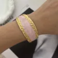 Elegant vintage gold-tone cuff bracelet featuring a pink marble enamel inlay for women - Marbled Pink Gold Marble Pattern Style / Pink Gold