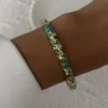 Vintage enamel bangle bracelet with green floral patterns and crystal accents on wrist - 6CM Diameter / Emerald Green Gradient Floral (BR26Y0277-1)