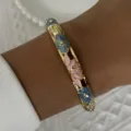 Vintage Chinese-style enamel bangle featuring delicate blue and pink floral patterns - 6CM Diameter / Blue Pink Floral with Rhinestone (BR26Y0276-5)