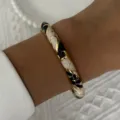 Retro Palace Museum style enamel bangle bracelet with black and white wave patterns - 6CM Diameter / Black and White Gold Wave (BR26Y0276-4)