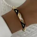 Vintage enamel bangle bracelet featuring black and white geometric pattern in gold finish - 6CM Diameter / Black and White Gold Geometric (BR26Y0276-6)
