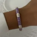 Elegant vintage-style purple enamel bangle with white floral patterns and crystal accents - 6CM Diameter / Purple Floral with Rhinestone (BR26Y0275-5)