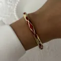 Vintage red enamel bangle bracelet with geometric gold-tone pattern for women. - 6CM Diameter / Deep Red Gold Rhombus Style (BR26Y0274-4)