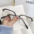 Stylish retro browline half-frame square eyeglasses with fashionable anti-blue light lenses - Clear Anti-Blue Light Lens / Black and Silver