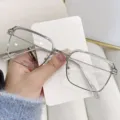 Stylish silver square browline glasses frame with anti-blue light clear lenses - Clear Anti-Blue Light Lens / Transparent Grey