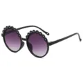 Cute round frame children's sunglasses with black flower appliques and purple gradient lenses. - Black Frame Gradient Grey Lens