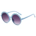 Round blue children's sunglasses decorated with cute daisy flower appliques - Blue Frame with Double Gray Lens