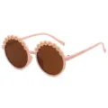 Children's pink round sunglasses featuring cute daisy flower applique for UV protection - Pink Frame Tea Lens