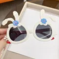 Cute white rabbit ears cartoon sunglasses for kids and toddlers with blue flower detail - White Frame Grey Lens