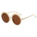 Cute children's round sunglasses with white daisy flower appliques in cream frame - Off-White Frame Tea Lens