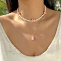 Böhmische Glasperlen-Halskette mit rosa Keramik-Fisch und Seestern Anhänger für Damen - Doppelreihig Seestern Fisch Set / Rosa
