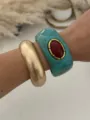 Bohemian style turquoise resin bangle with red stone and wide matte gold bracelet - Turquoise and Matte Gold Combination