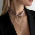 Detail view of pink leopard print silk scarf choker with sun pendant and starfish necklace - Gold (6935)