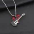 Men's Stainless Steel Guitar Pick Pendant Necklace Hip Hop Music Jewelry for Couples - Black Guitar / Red Pick / 60cm Corn Chain / Black