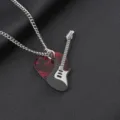 Rock style stainless steel guitar and heart pick pendant necklace for men - Guitar With Red Pick / 60cm Stainless Steel Curb Chains / Black