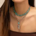 Collana bohémien a doppio strato con perle turchesi e ciondolo a forma di teschio di toro - Collana Argento Stile 5(225047)