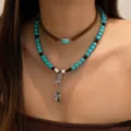 Böhmisches mehrlagiges Halsketten-Set mit künstlichen Türkisperlen und Western-Charms - Silberne Halskette Stil 8(225050)