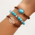 Boho-Armband-Set mit türkisfarbenen Perlen, Kaktus-Anhänger und ovalem Stein für Damen - Mehrfarbiges Armband-Set(224497)