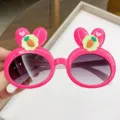 Adorable pink rabbit cartoon sunglasses for children with cute carrot decorations - Rose Pink Frame Gradient Gray Lenses