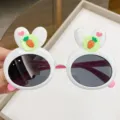 Cute white rabbit-ear sunglasses for kids with carrot decor and pink temples. - White Frame Dark Grey Lens