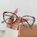 Trendy leopard print cat-eye glasses frame with gold metal temples and anti-blue light lenses. - Tortoise Gold / Blue Light Blocking Lens