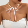Elegant vintage pearl choker necklace featuring a long white ribbon bow design for women - Single Layer Style (875619) / White