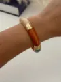 Colorful Bohemian faux enamel drip oil open bangle with golden textured metal accents - Brown Green Mixed (3547)