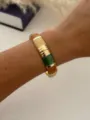 Bohemian style colorful enamel cuff bracelet featuring gold plating worn on wrist - Brown Green Mixed (2553)