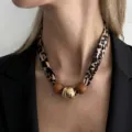 Vintage leopard print silk scarf necklace featuring golden and brown round beads for women - Leopard Scarf Gold Bead Wood Beads Style / Mixed Color (7537)