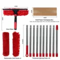Window squeegee cleaning tool set with extension poles and replacement microfiber cloth heads - Red