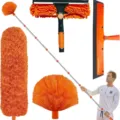 Kit profesional de limpieza de ventanas con palo telescópico y plumero de microfibra - Limpiacristales + Cepillo para Telarañas + Plumero de Fibra + Cabezal de Goma / Naranja