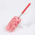 Extendable microfiber duster, red and white head with telescopic metal handle for cleaning. - Red White