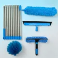 4-in-1 window and solar panel cleaning kit with stainless steel poles and blue tools - [light blue box] 10-section rod + glass brush head + spider web head + fiber head + wiper blade