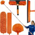 Ausziehbares Fensterscheibenputzer-Set mit Staubtuch und Mikrofaseraufsätzen für Glas. - Orange verpackt 10-teilige Stange - Fensterwischer + Spinnwebbürste + Faserstaubwedel + Abzieherkopf + Fugendüse