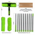 Window squeegee cleaning kit with extension poles, microfiber cloths and box. - Green